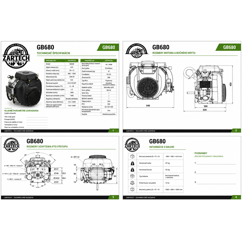 MOTOR ZONGSHEN GB680 680cc 22 TWIN horizontálna hriadeľ 25.4mm